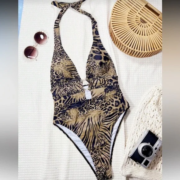 Swim Chiccia Leopard Print Plunge Neck Sexy Backless Swimsuit, Festival Boho - Picture 4 of 4